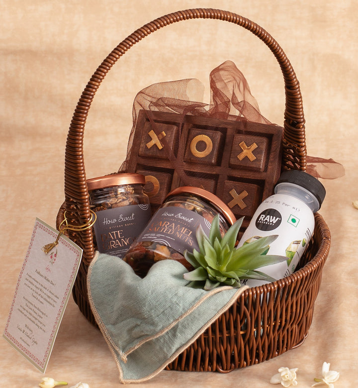 Wicker basket with bath products on a beige surface